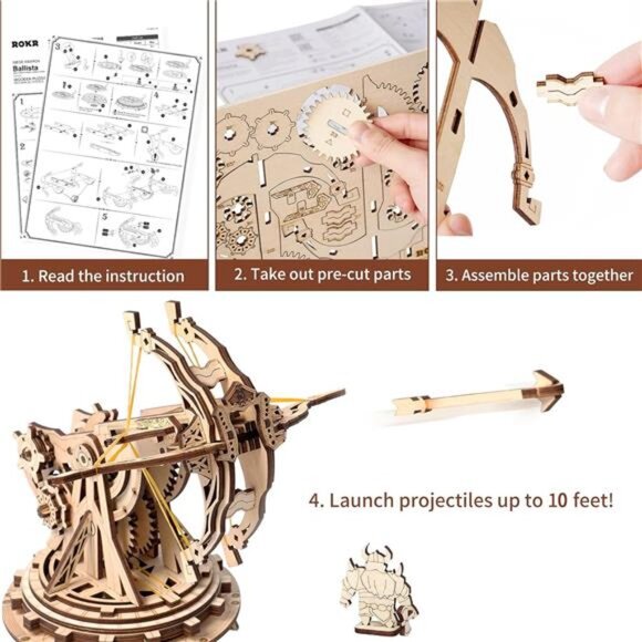 ROKR 3D Wooden Puzzles for Adults, DIY Wooden Ballista Launcher Toys Building - Picture 4 of 7